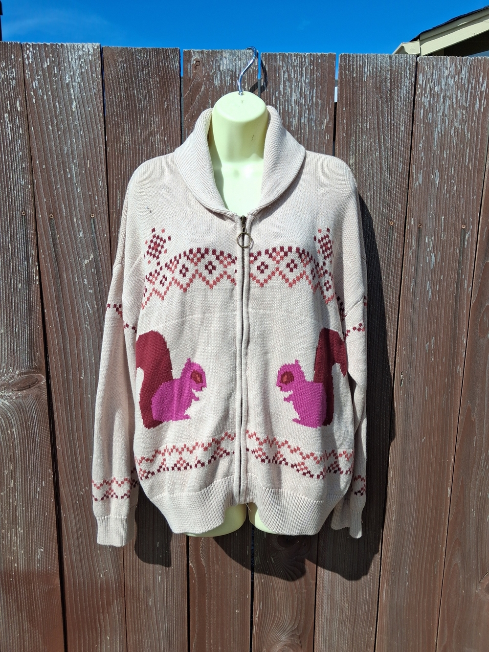 Modcloth Cream Zip-Up Cardigan with Pink and Burgundy Squirrels